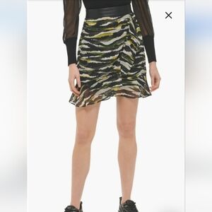 DKNY Wrap Ruffle Chiffon  Skirt, lined, faux leather trim- size 10